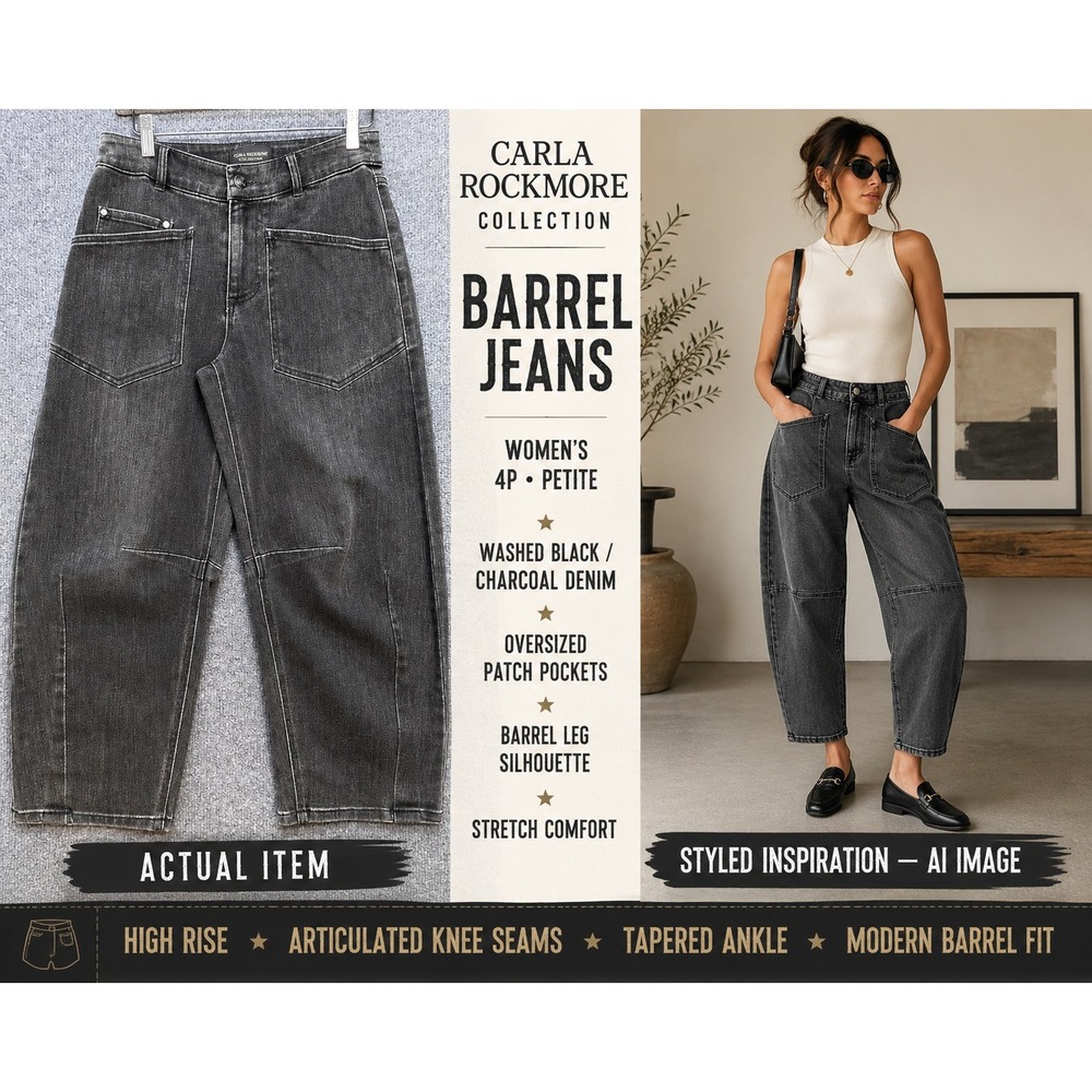 Carla Rockmore Collection Barrel Leg Jeans Black Grey Denim Pants Women's 4P QVC
